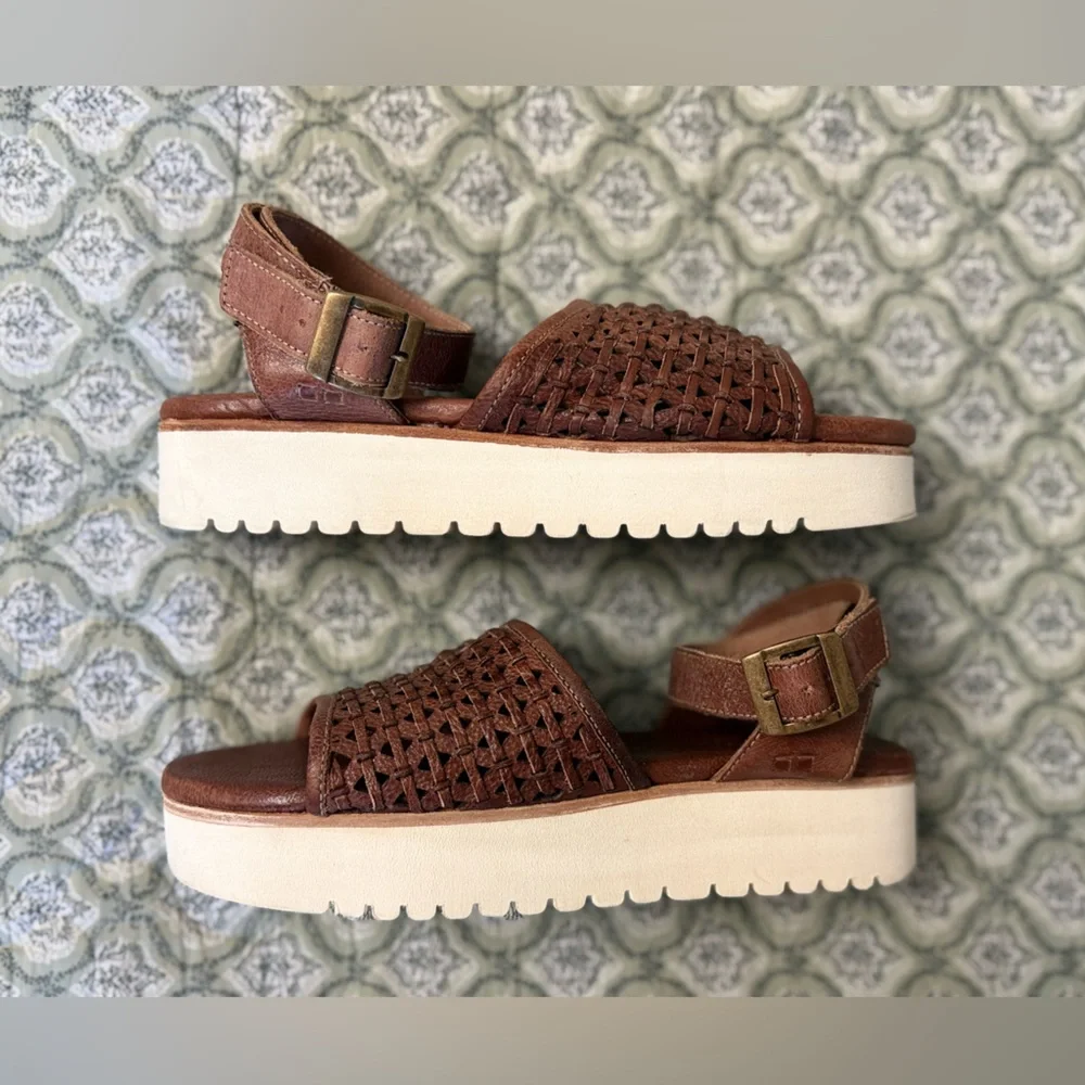 Bed Stu Brisa Brown Leather Woven Platform Sandals Women’s Size 9.5‎ Ankle Strap
